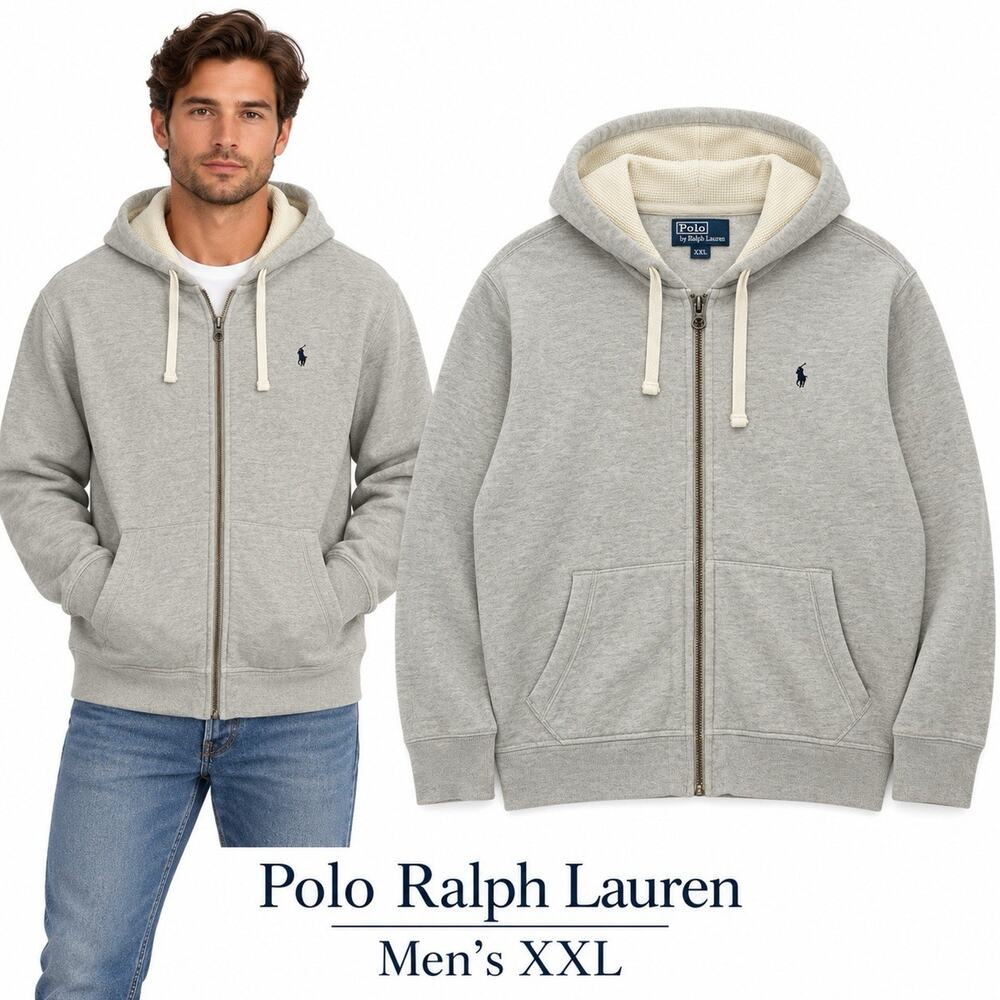 Polo Ralph Lauren Mens XXL Gray Full Zip Hoodie Waffle Lined Hood Vintage